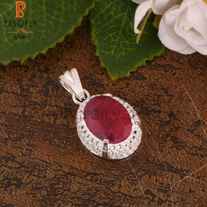 White Topaz & Corundum Ruby Oval 925 Sterling Silver Pendant