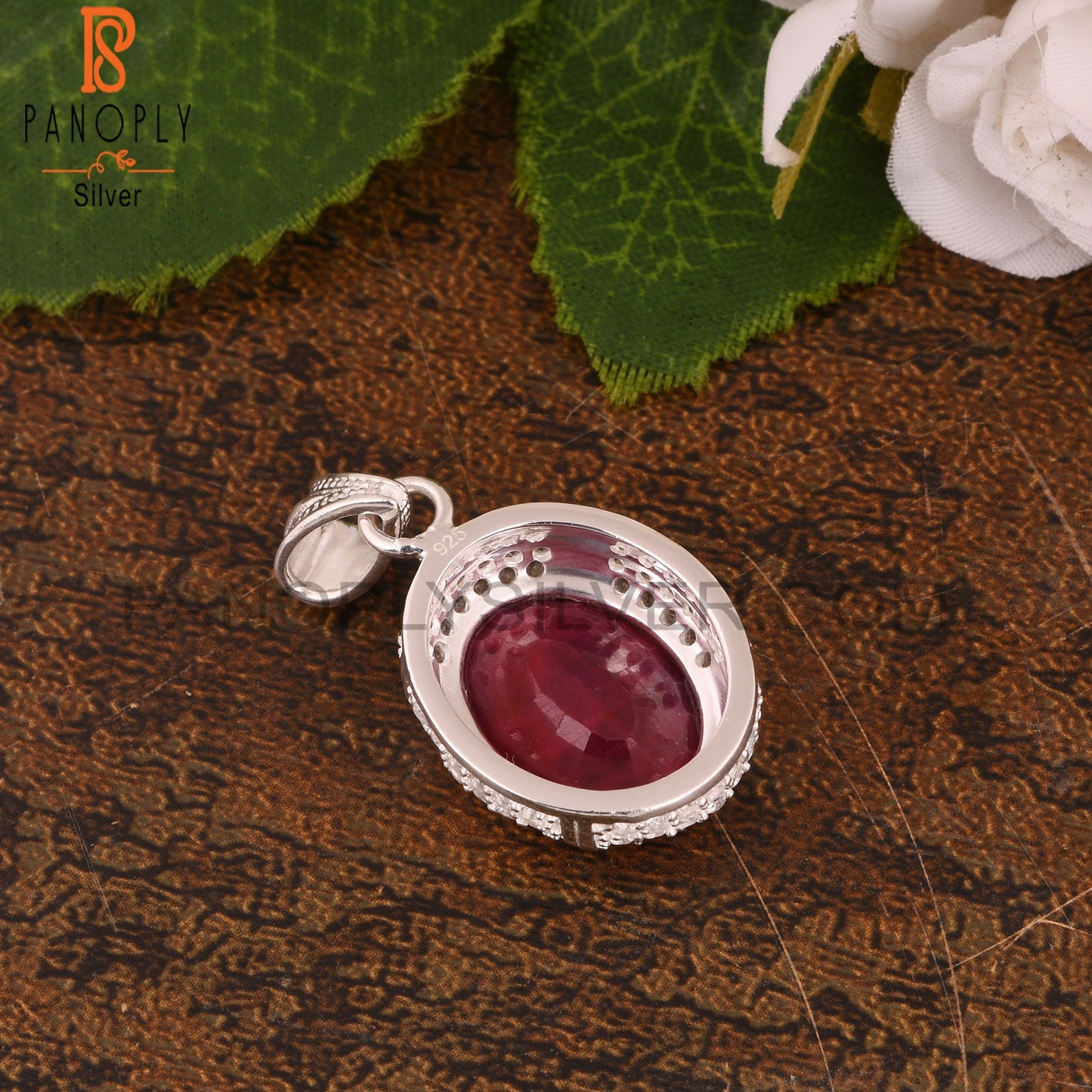 White Topaz & Corundum Ruby Oval 925 Sterling Silver Pendant