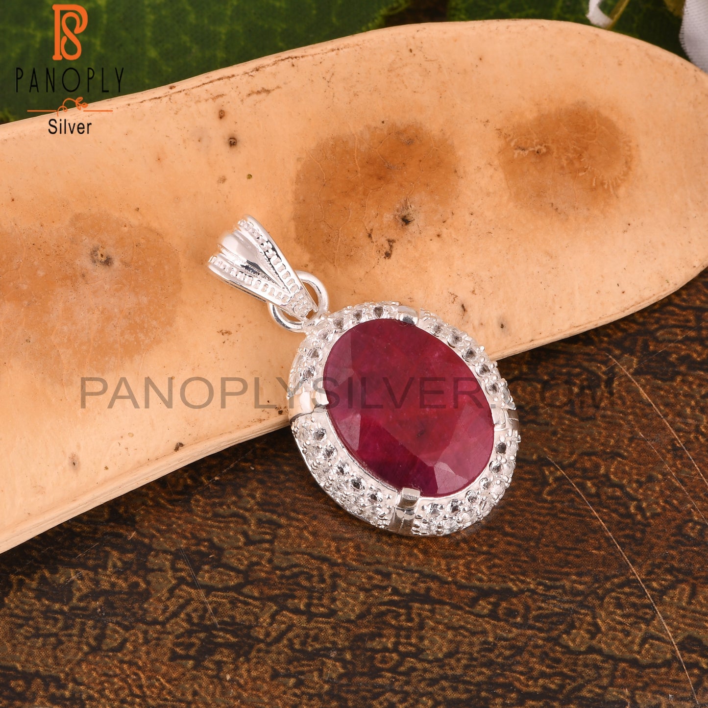 White Topaz & Corundum Ruby Oval 925 Sterling Silver Pendant