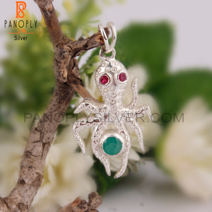Ruby & Emerald 925 Sterling Silver Octopus Pendant