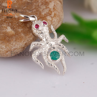 Ruby & Emerald 925 Sterling Silver Octopus Pendant