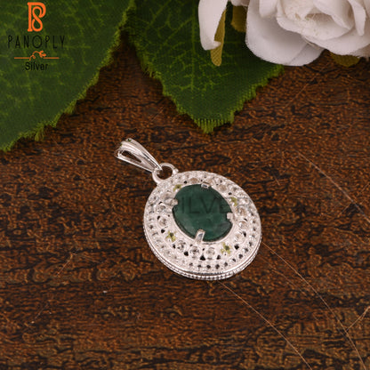 White Topaz & Green Corundum Emerald 925 Silver Pendant
