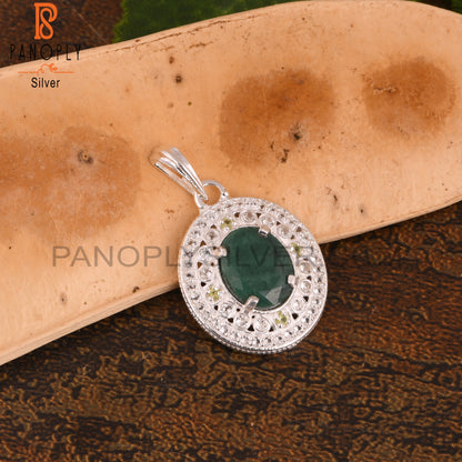 White Topaz & Green Corundum Emerald 925 Silver Pendant