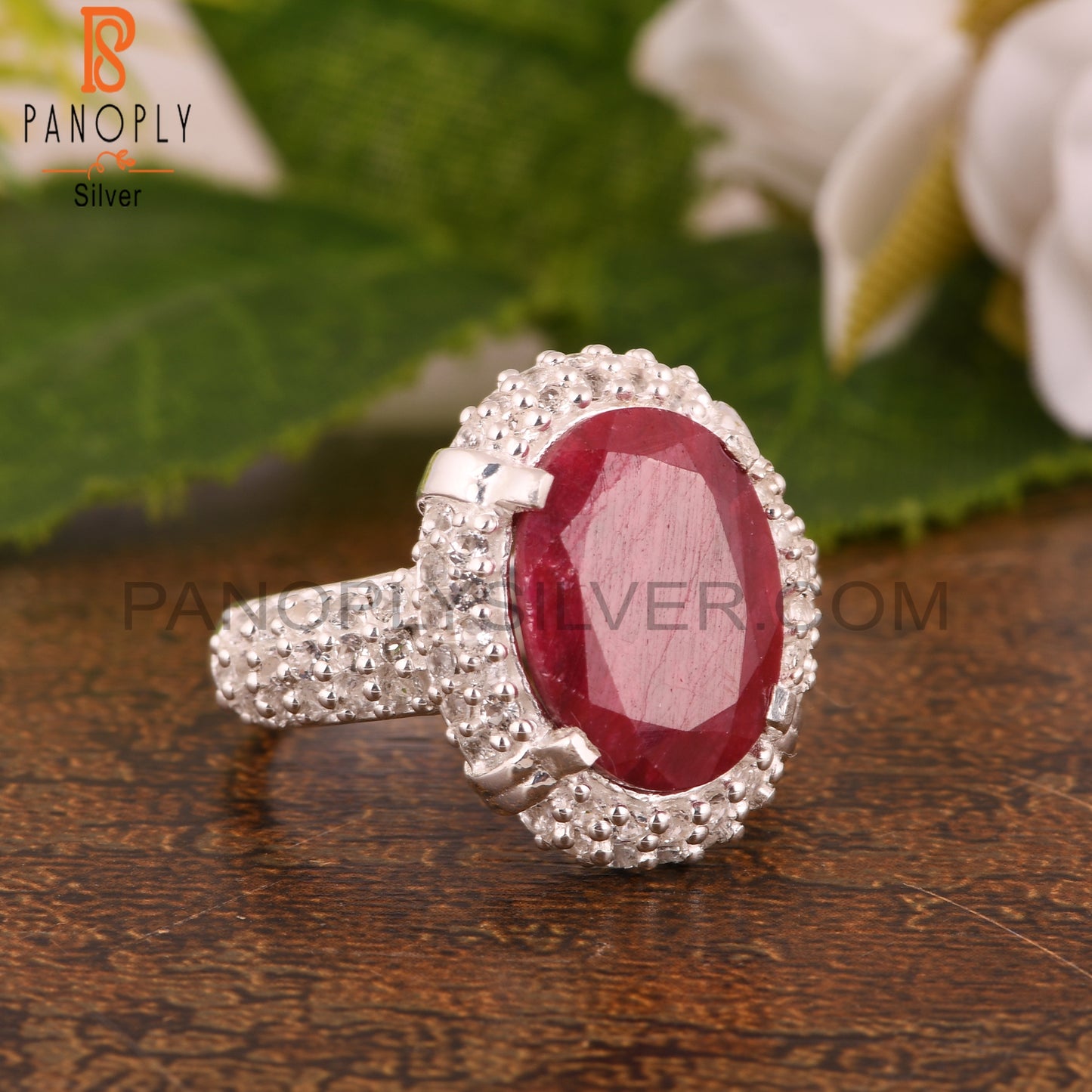 Red Corundum Ruby and White Topaz 925 Sterling Silver Ring