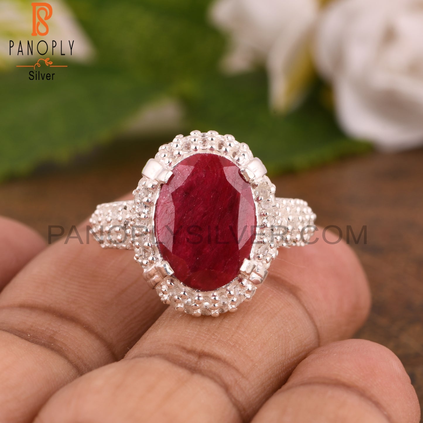 Red Corundum Ruby and White Topaz 925 Sterling Silver Ring