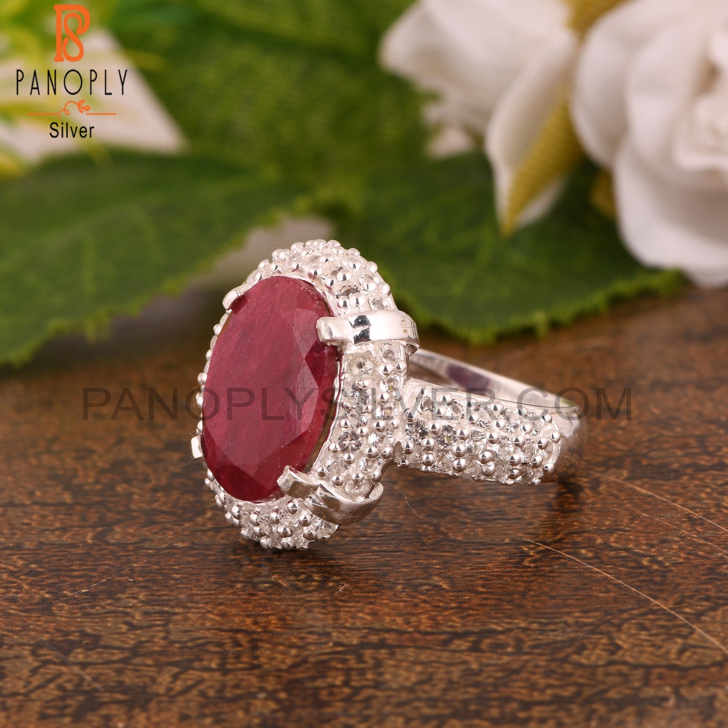 Red Corundum Ruby and White Topaz 925 Sterling Silver Ring