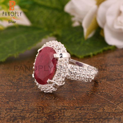 Red Corundum Ruby and White Topaz 925 Sterling Silver Ring