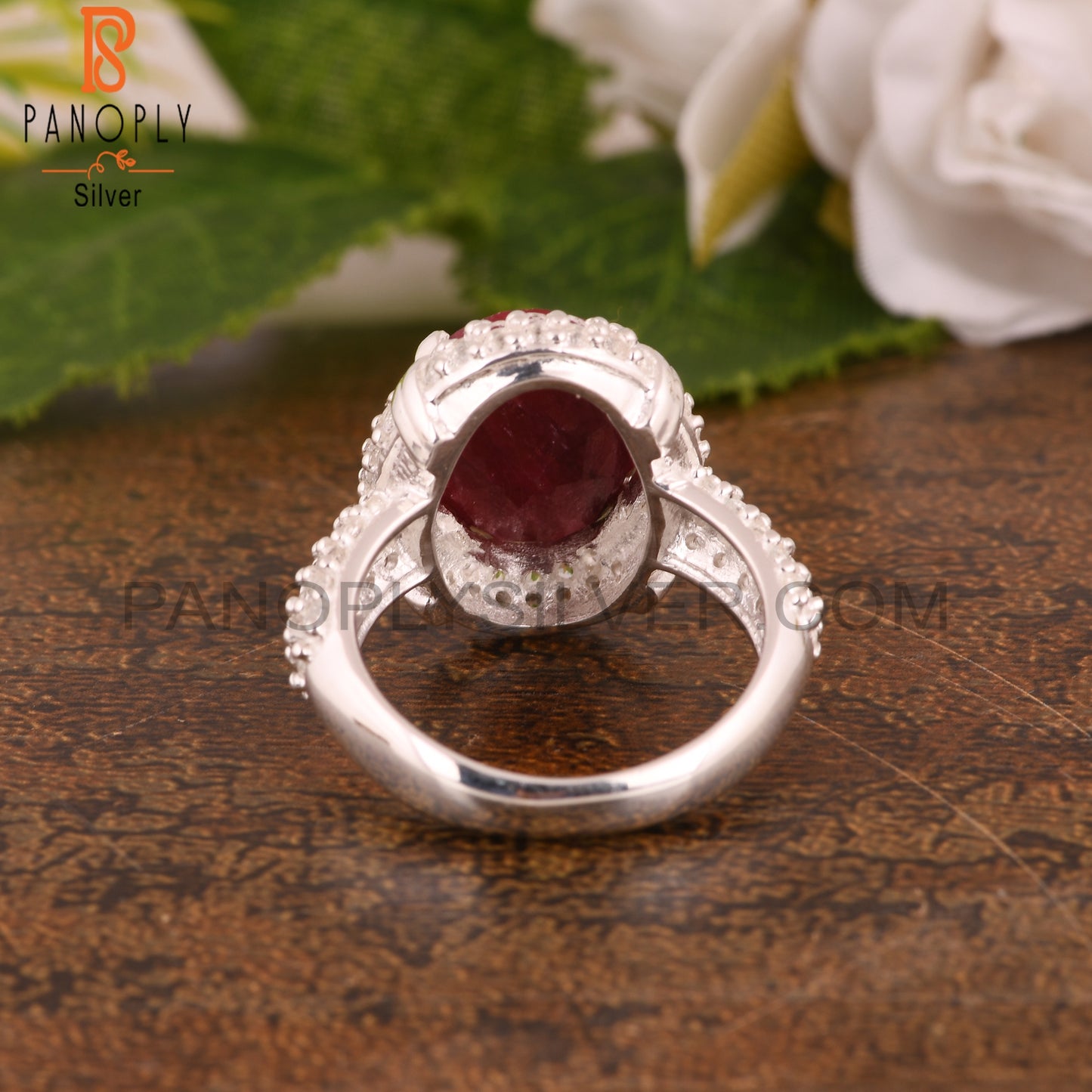 Red Corundum Ruby and White Topaz 925 Sterling Silver Ring