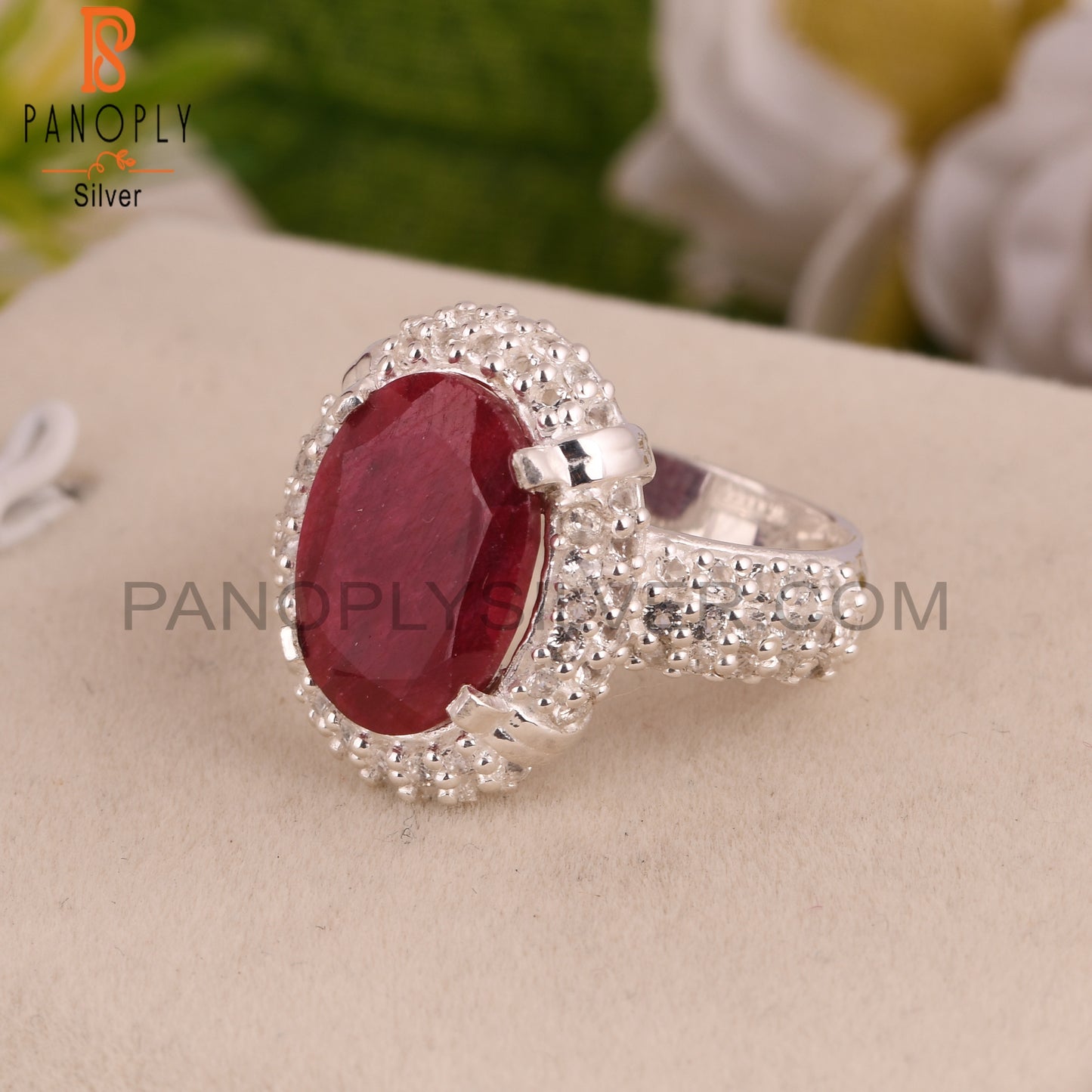 Red Corundum Ruby and White Topaz 925 Sterling Silver Ring