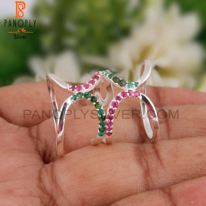 Emerald & Ruby 925 Sterling Silver Stackable Ring