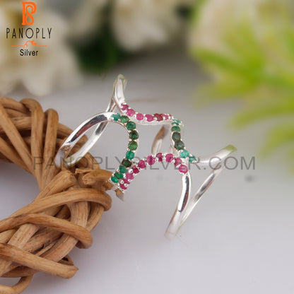 Emerald & Ruby 925 Sterling Silver Stackable Ring