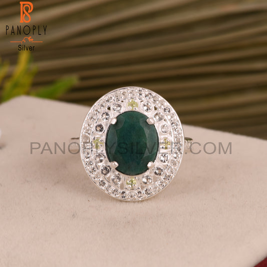 Emerald Green Corundum, Peridot & White Topaz 925 Silver Ring