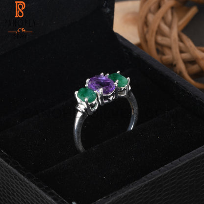 Amethyst & Emerald Natural Corundum Oval 925 Silver Ring