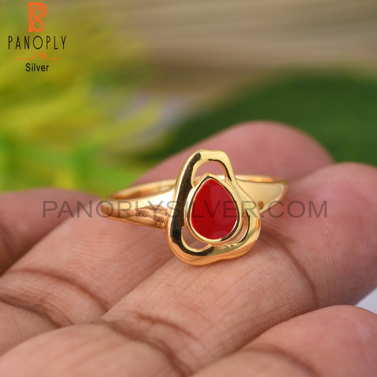 Red Enamel 925 Sterling Silver Gold Ring