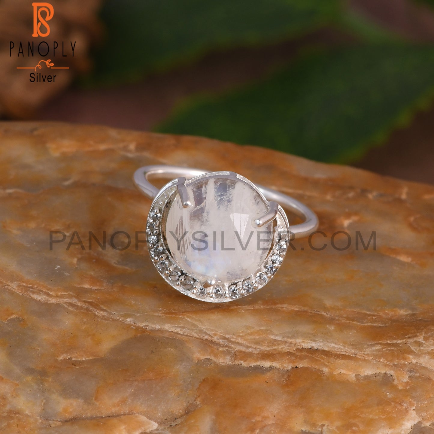 Cubic Zirconia & Rainbow Moonstone 925 Sterling Silver Ring