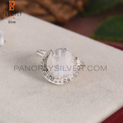 Cubic Zirconia & Rainbow Moonstone 925 Sterling Silver Ring