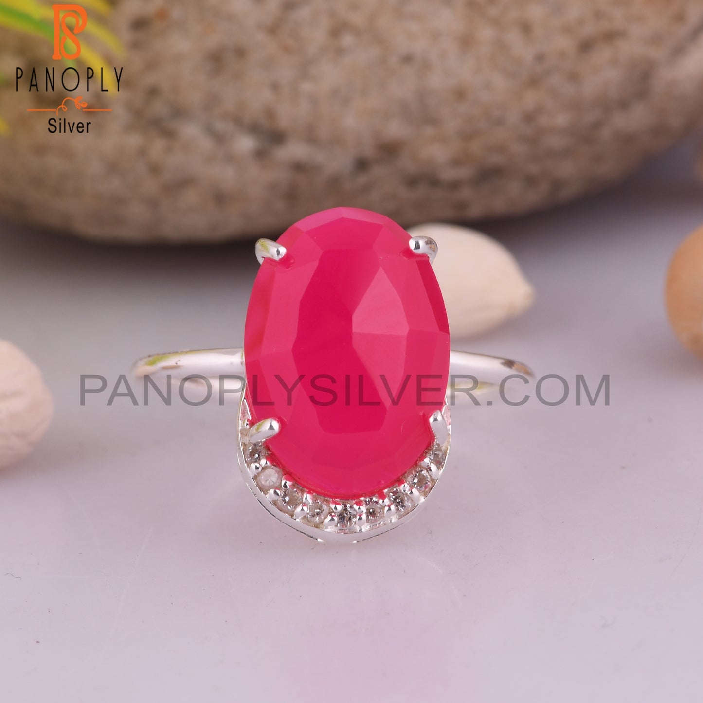 Cubic Zirconia & Pink Chalcedony 925 Sterling Silver Ring