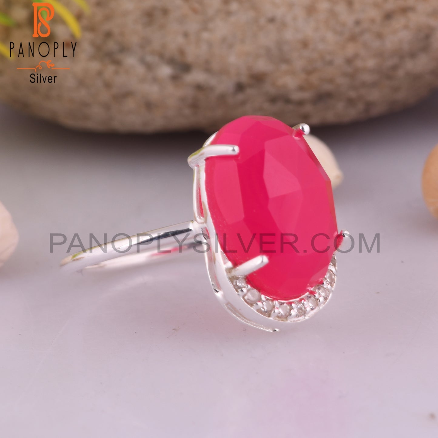 Cubic Zirconia & Pink Chalcedony 925 Sterling Silver Ring