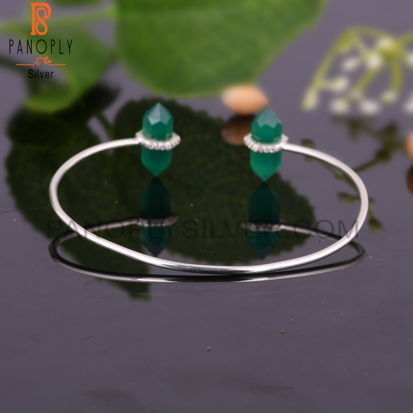 Green Onyx & Cubic Zirconia 925 Sterling Silver Bangle