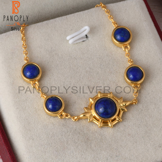 Lapis Round 925 Sterling Silver Chain Link Bracelet