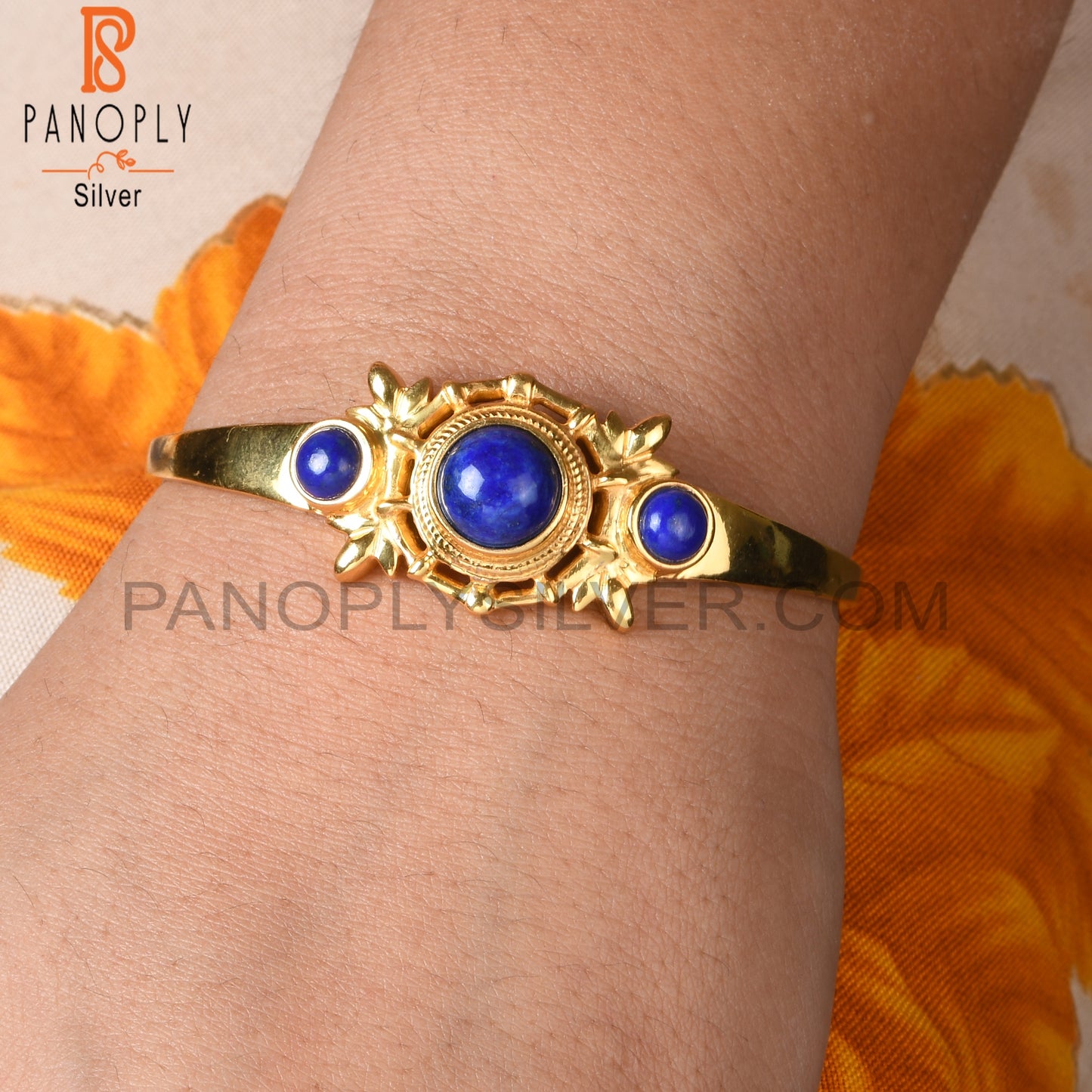Lapis Round 925 Sterling Silver Cuff Adjustable bracelet