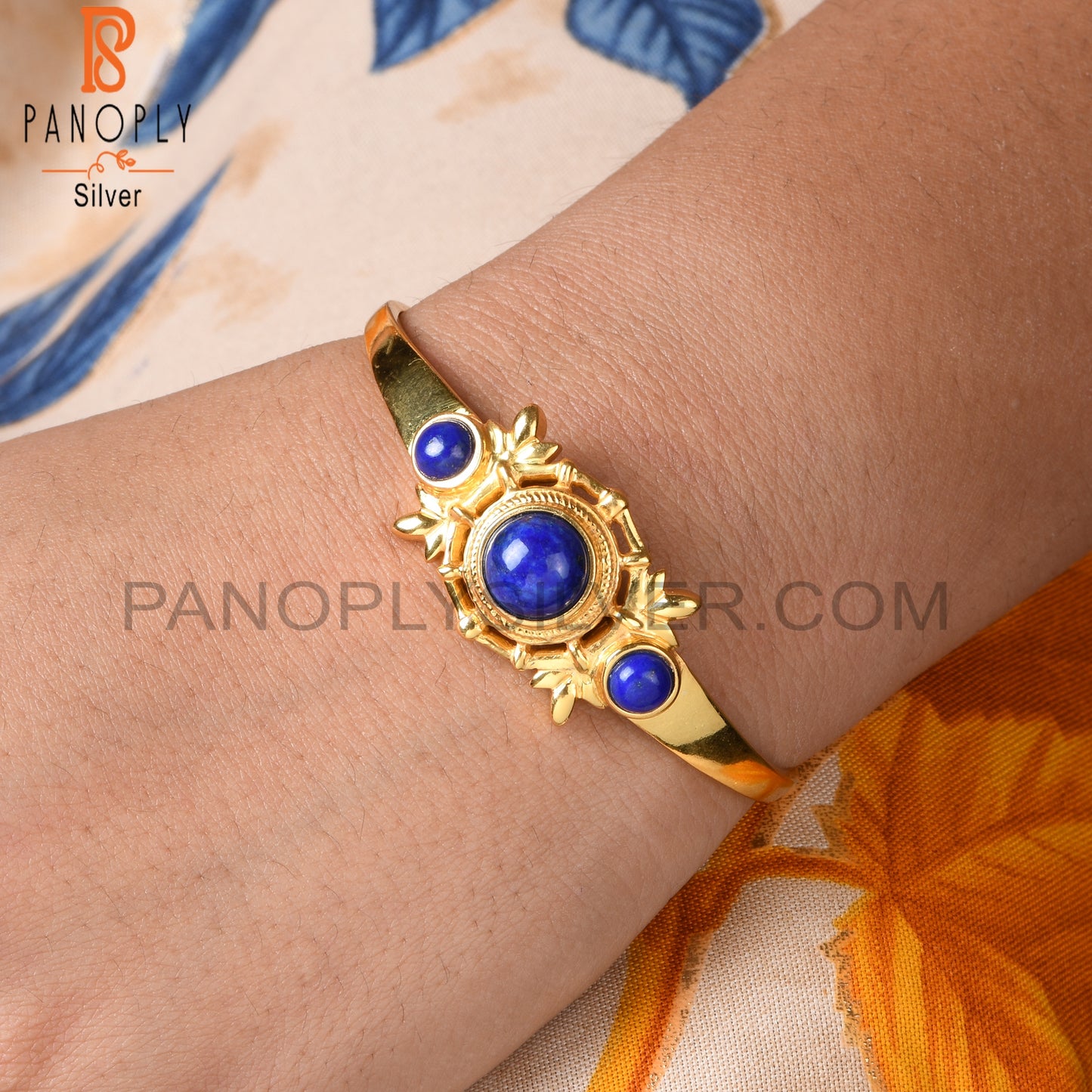 Lapis Round 925 Sterling Silver Cuff Adjustable bracelet