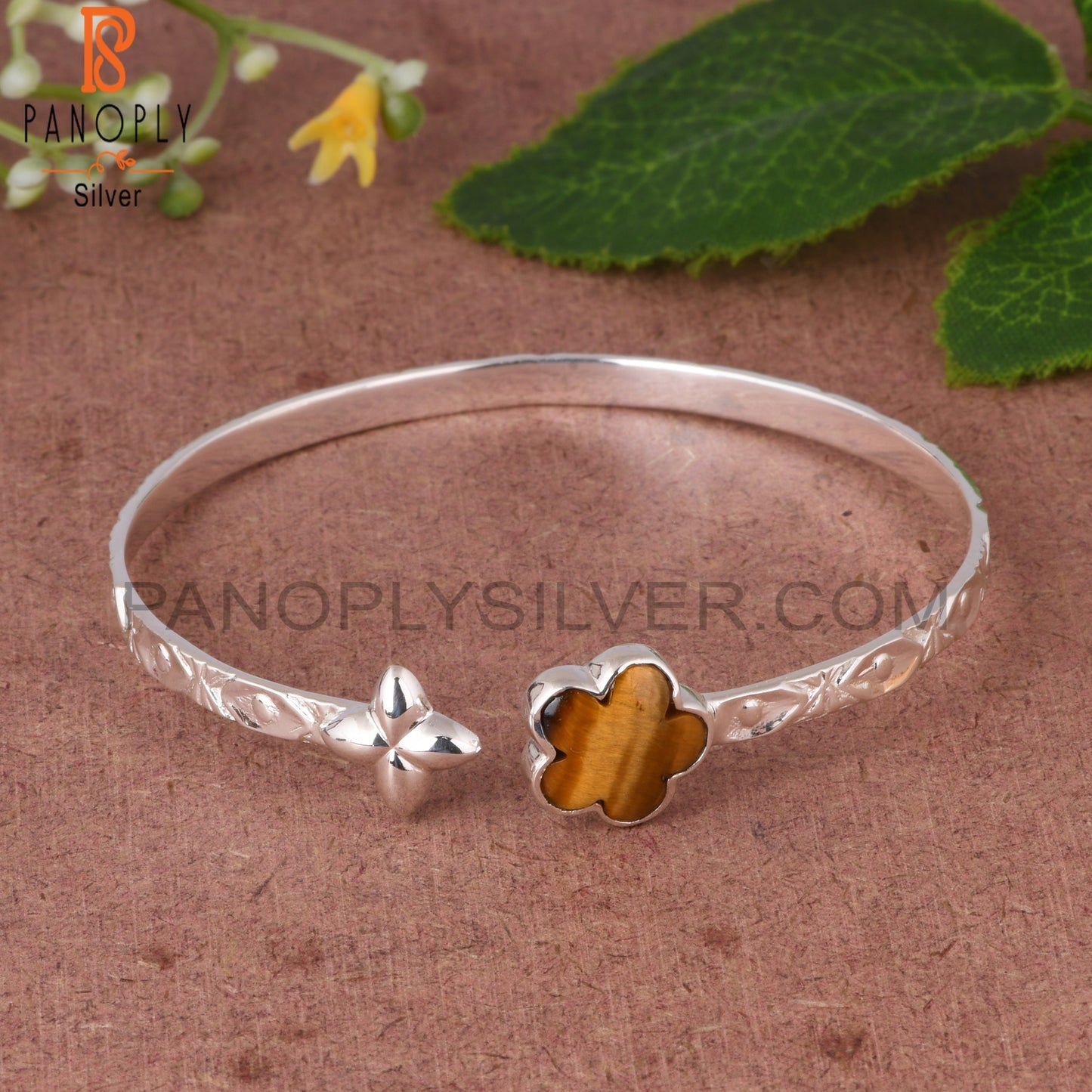 Tiger Eye Yellow Sunflower 925 Silver Cuff Bracelet