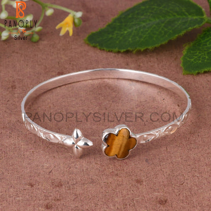 Tiger Eye Yellow Sunflower 925 Silver Cuff Bracelet