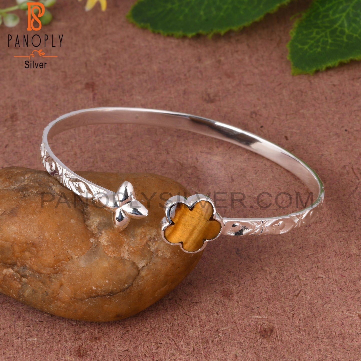 Tiger Eye Yellow Sunflower 925 Silver Cuff Bracelet