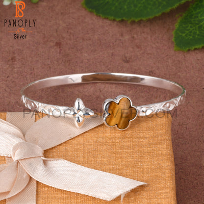 Tiger Eye Yellow Sunflower 925 Silver Cuff Bracelet