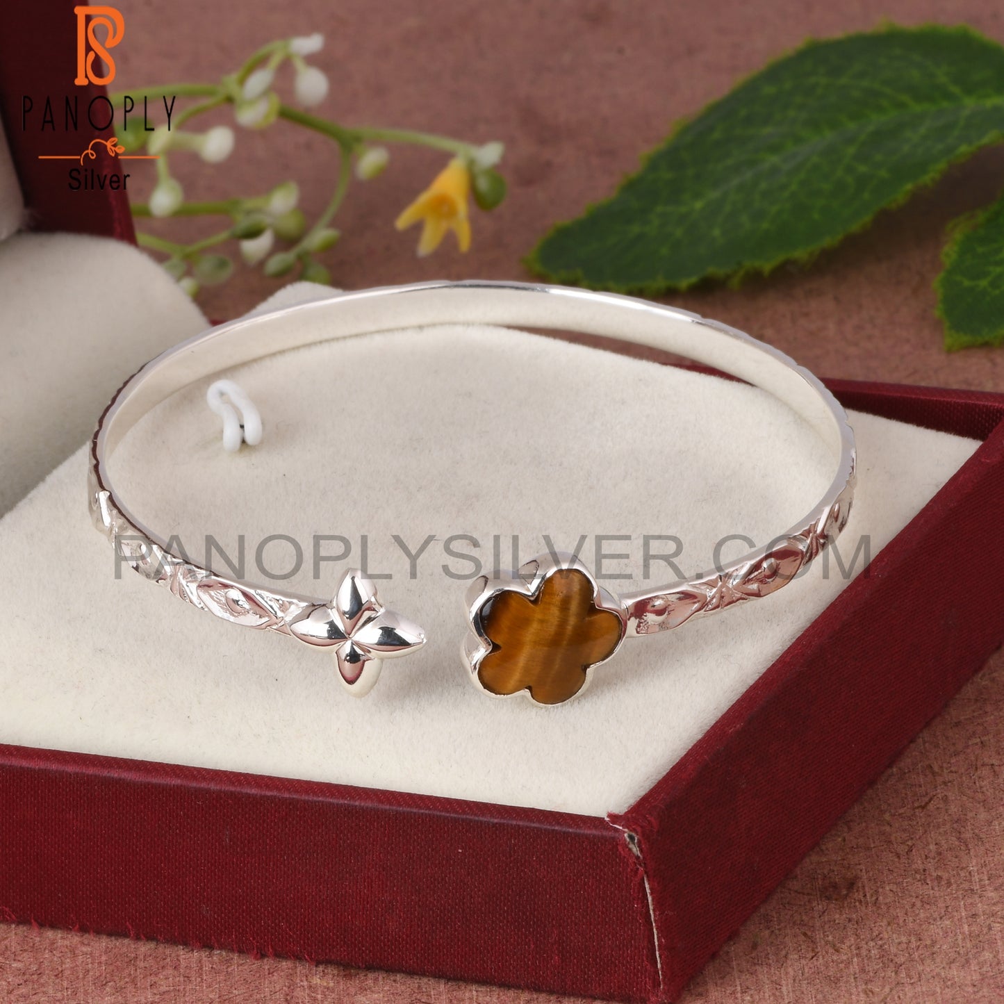 Tiger Eye Yellow Sunflower 925 Silver Cuff Bracelet