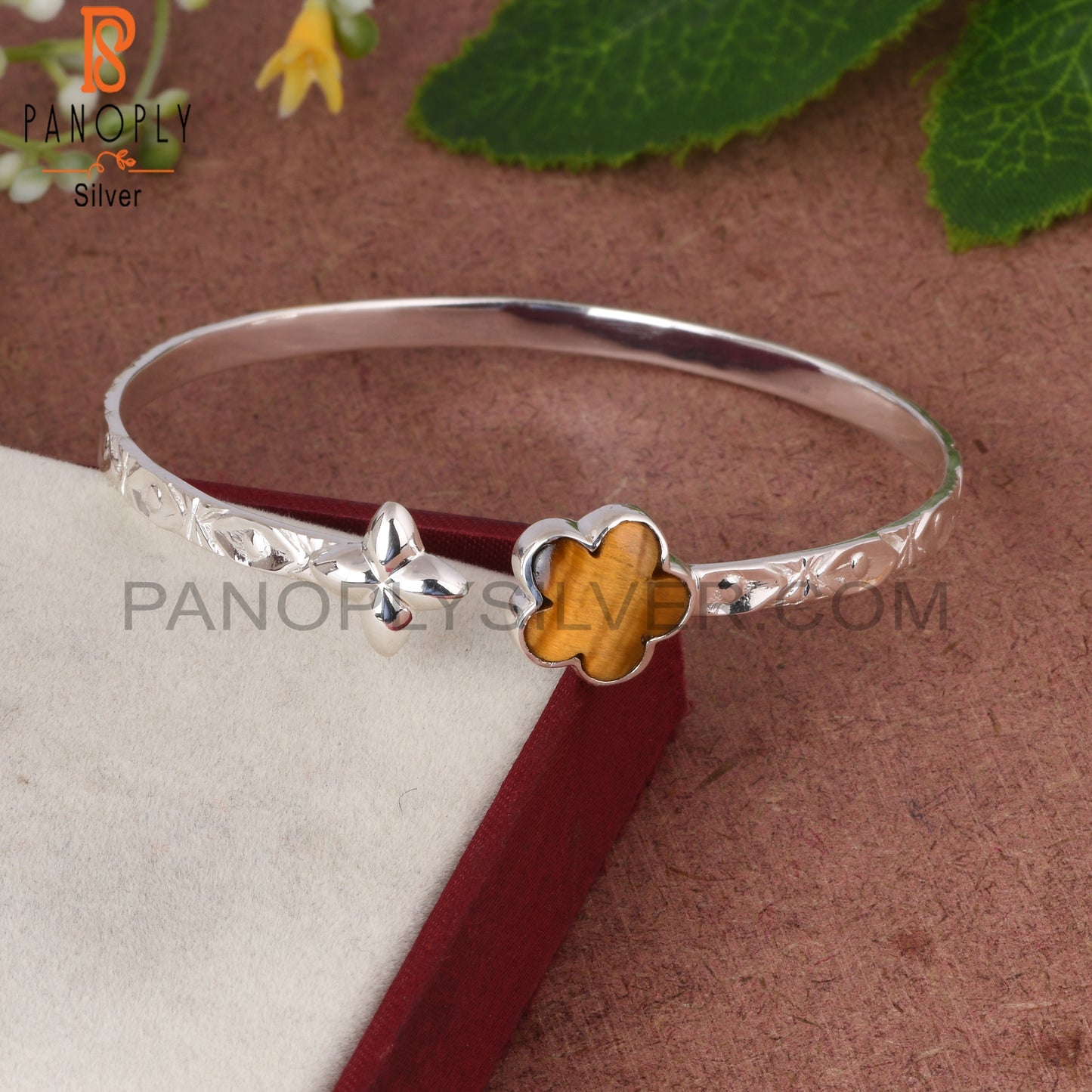 Tiger Eye Yellow Sunflower 925 Silver Cuff Bracelet