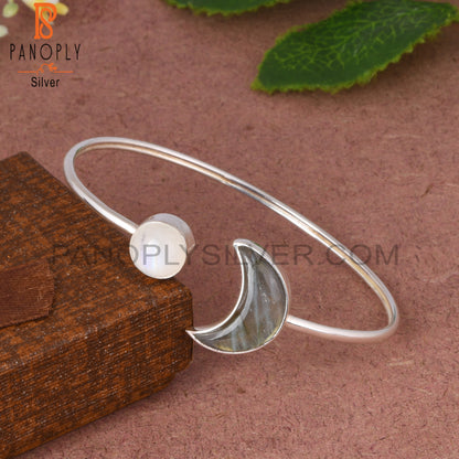 Labradorite & Rainbow Moonstone 925 Sterling Silver Bangle
