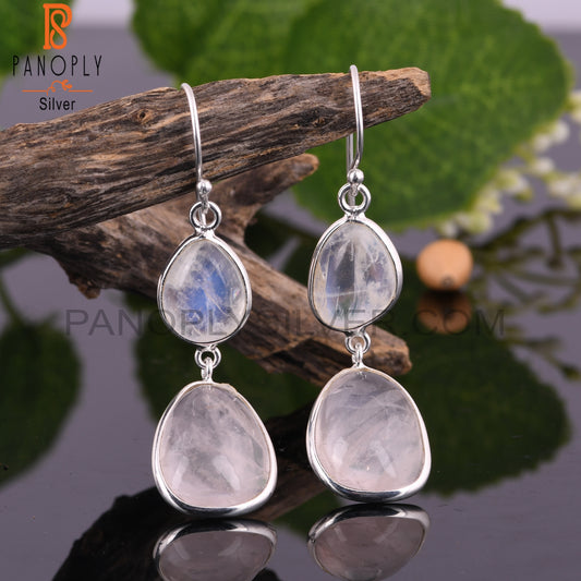Rainbow Moonstone & Rose Quartz 925 Sterling Silver Earrings