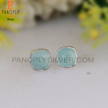 Aqua Chalcedony Cushion 925 Sterling Silver Studs Earrings