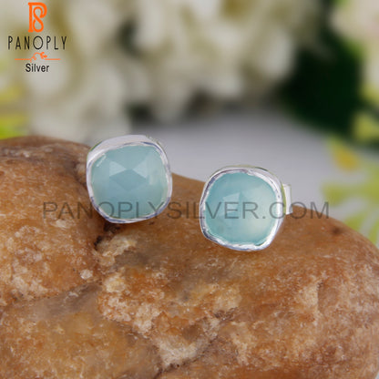 Aqua Chalcedony Cushion 925 Sterling Silver Studs Earrings