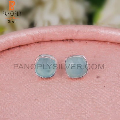 Aqua Chalcedony Cushion 925 Sterling Silver Studs Earrings