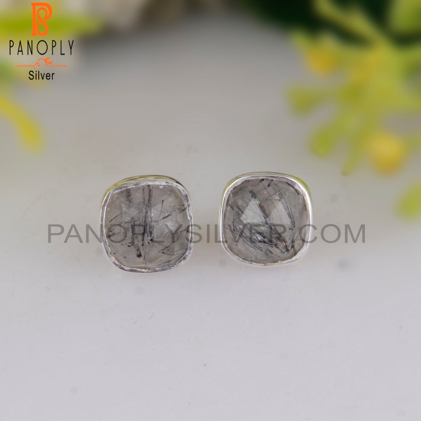 Black Rutile Cushion 925 Sterling Silver Stud Earrings