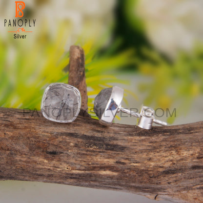 Black Rutile Cushion 925 Sterling Silver Stud Earrings