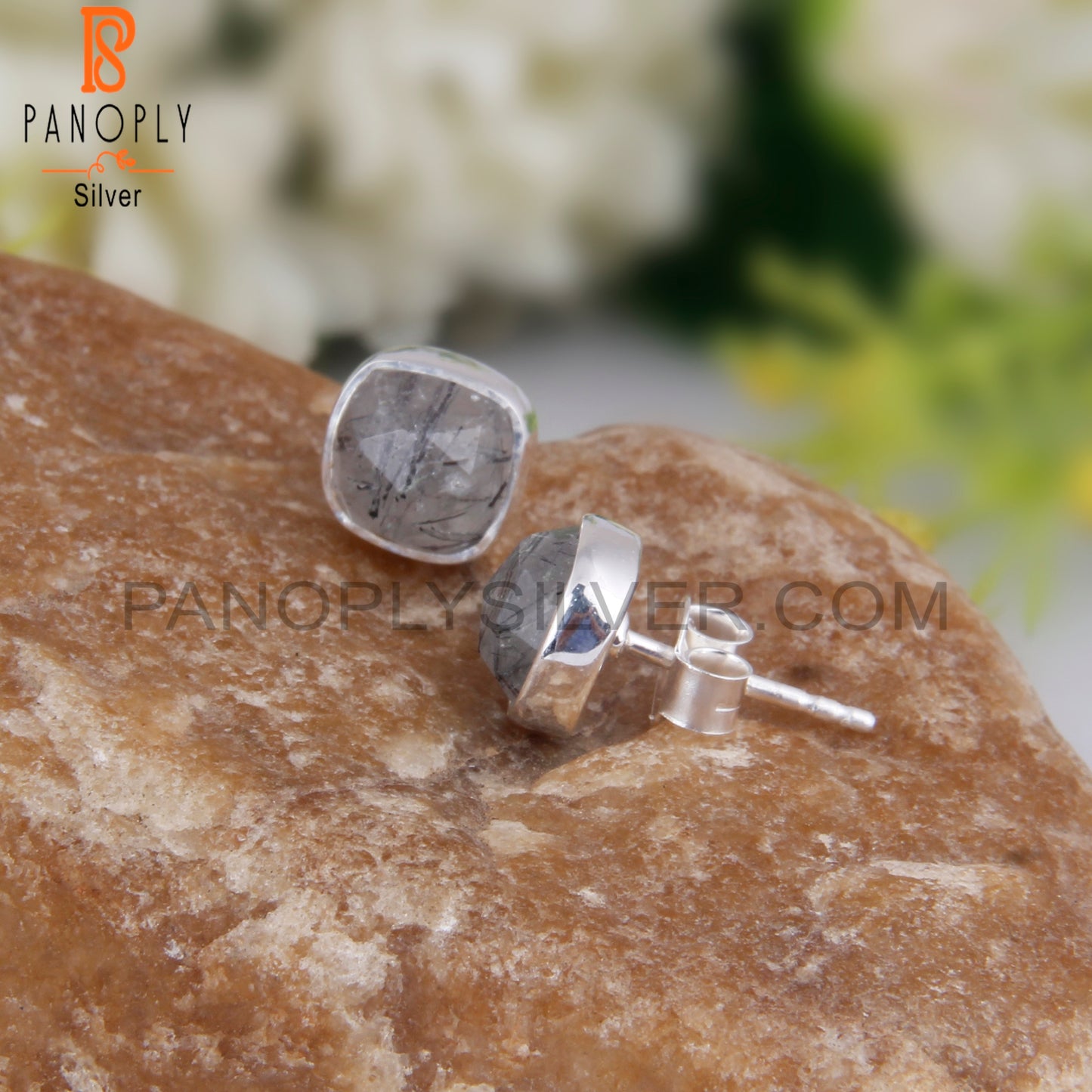 Black Rutile Cushion 925 Sterling Silver Stud Earrings