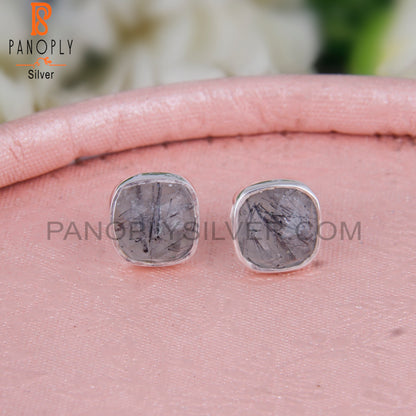 Black Rutile Cushion 925 Sterling Silver Stud Earrings