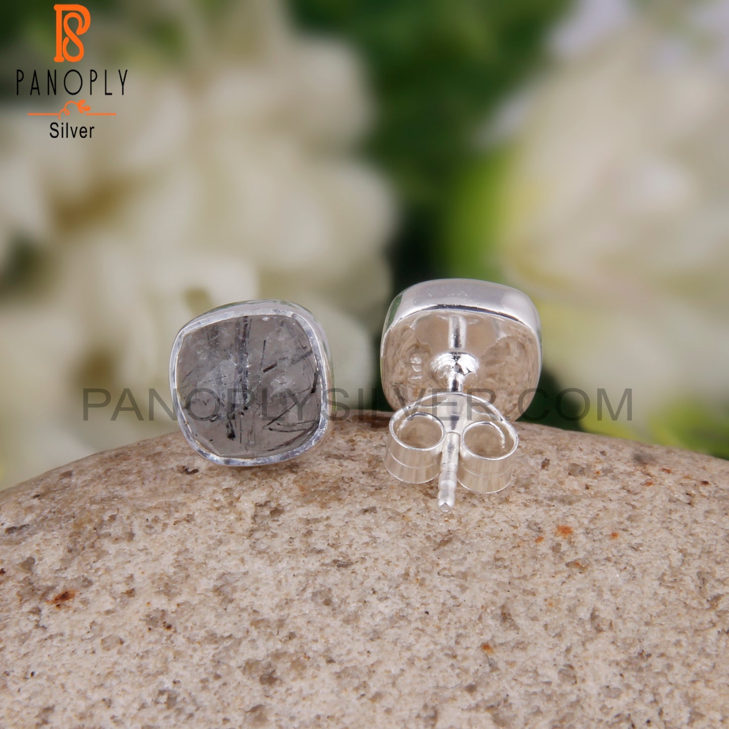 Black Rutile Cushion 925 Sterling Silver Stud Earrings