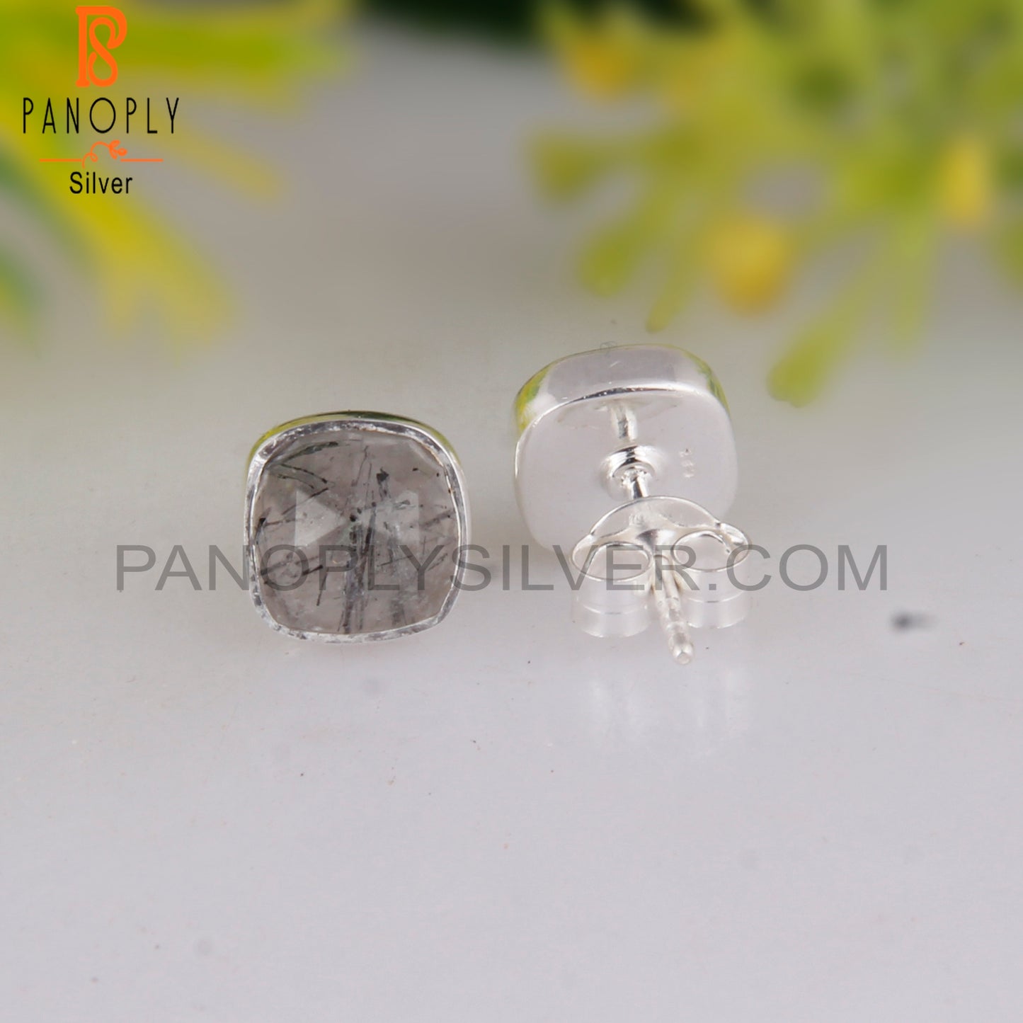 Black Rutile Cushion 925 Sterling Silver Stud Earrings