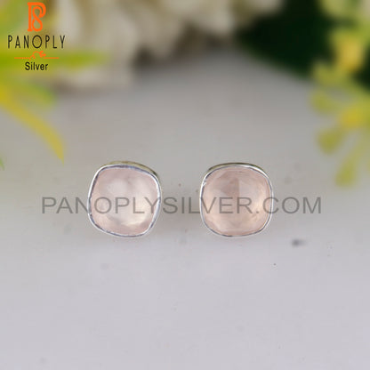 Rose Chalcedony Cushion 925 Sterling Silver Studs Earrings