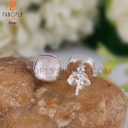 Rose Chalcedony Cushion 925 Sterling Silver Studs Earrings