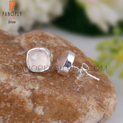 Rose Chalcedony Cushion 925 Sterling Silver Studs Earrings