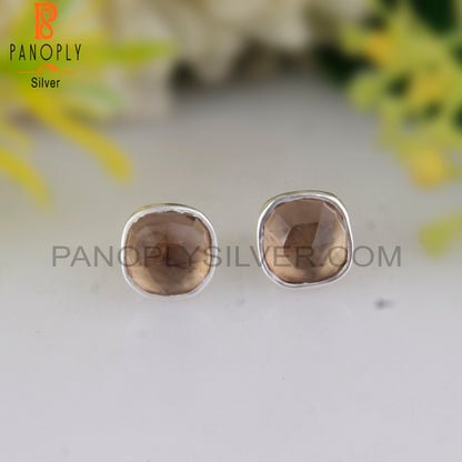 Smoky Quartz Cushion 925 Sterling Silver Stud Earrings