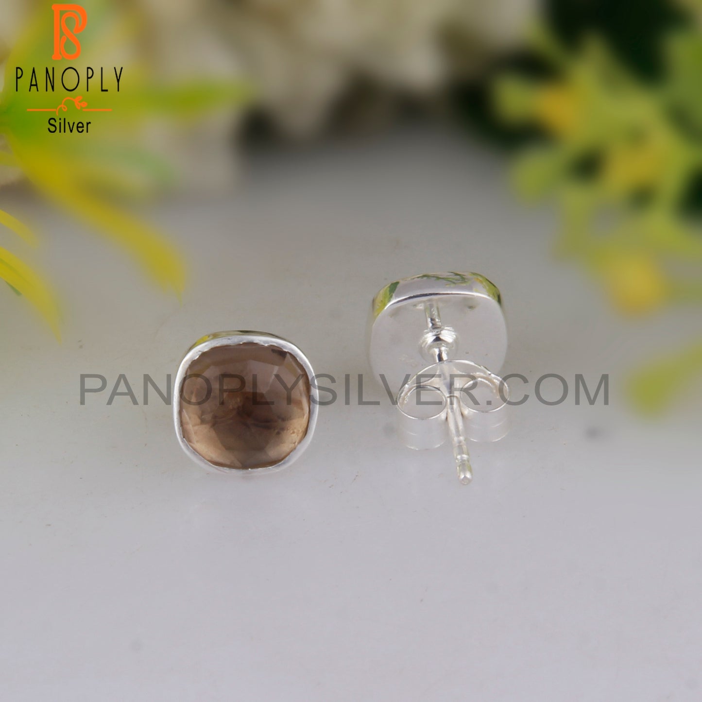 Smoky Quartz Cushion 925 Sterling Silver Stud Earrings