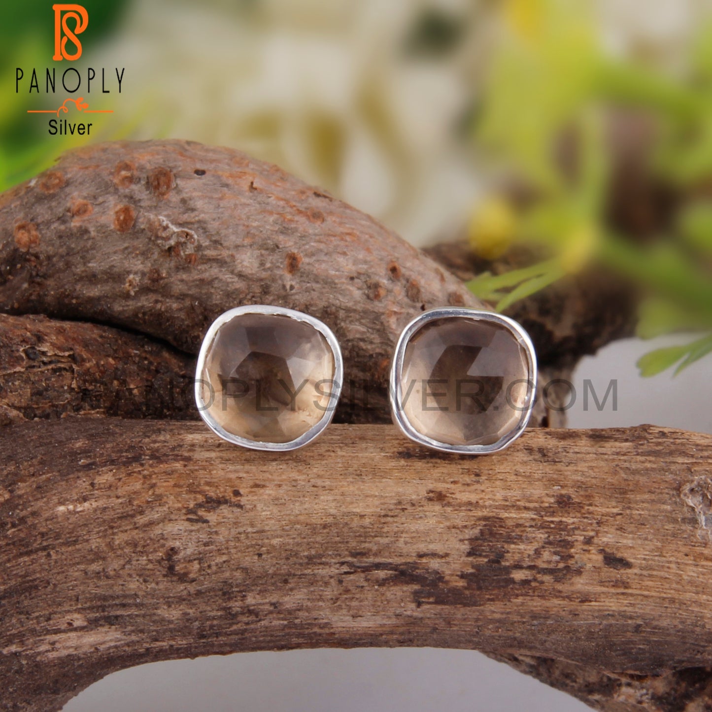 Smoky Quartz Cushion 925 Sterling Silver Stud Earrings