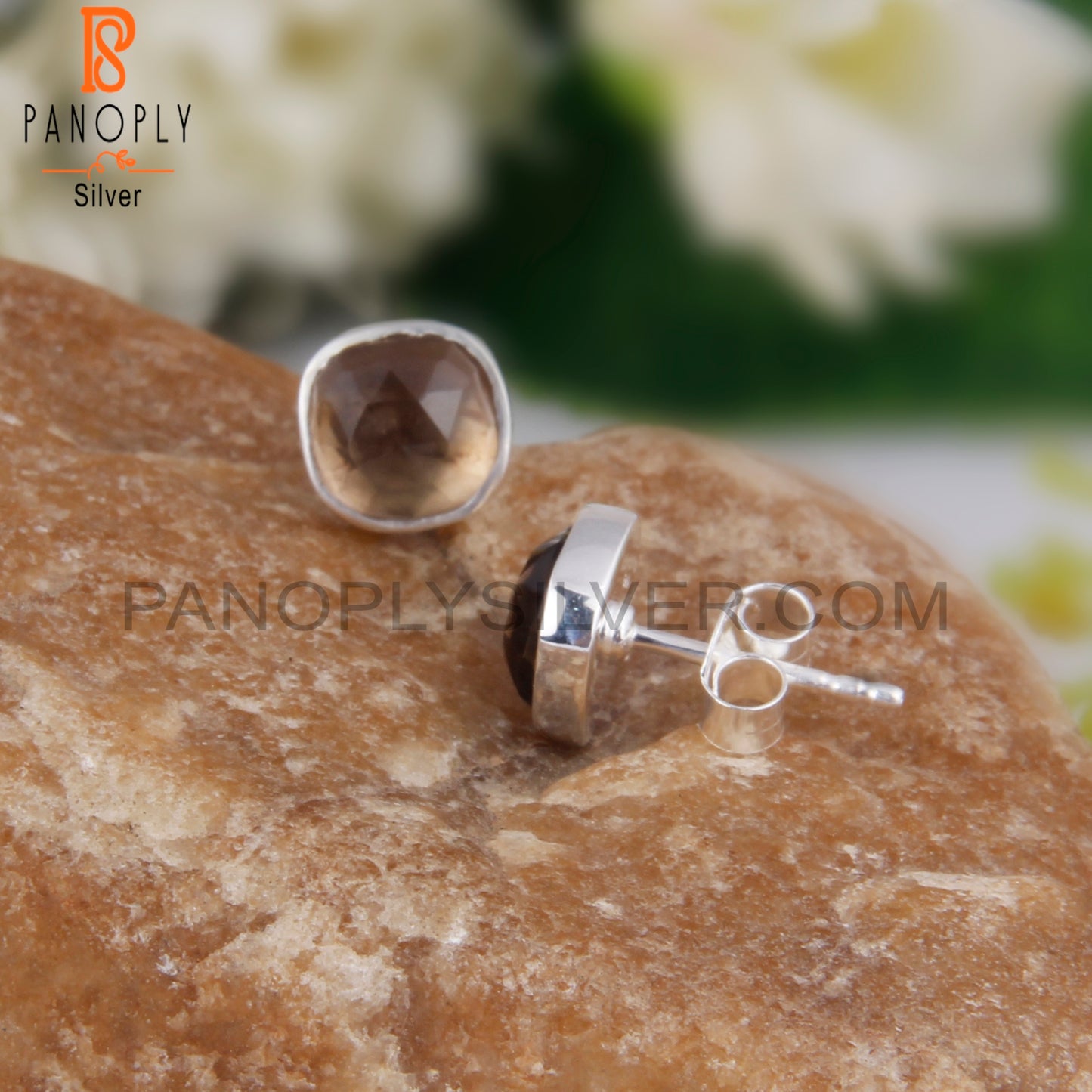 Smoky Quartz Cushion 925 Sterling Silver Stud Earrings